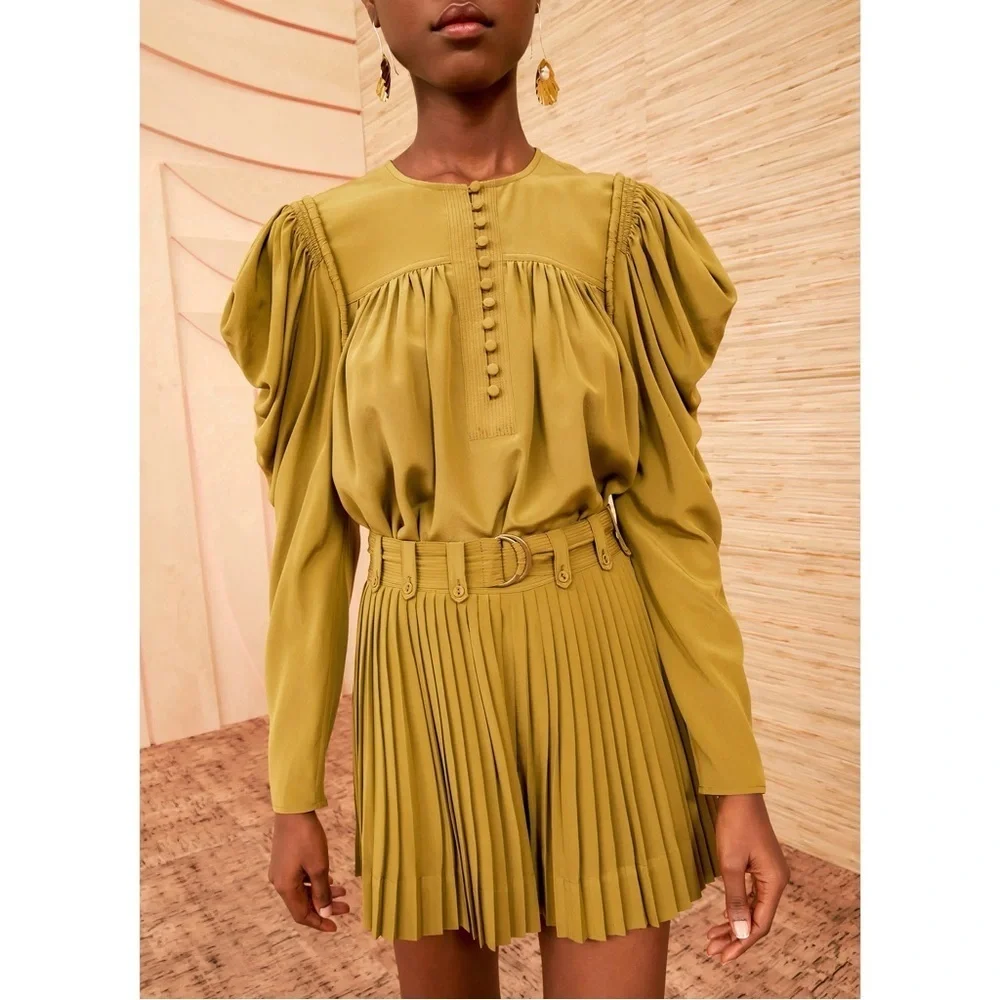 Ulla Johnson Silk Long-Sleeve Green Button-Front Lela Blouse